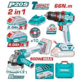 Buy Total TCKLI20273 Cordless 2 pcs combo kit- Cordless Angle Grinder and Compact Brushless Cordless Impact Drill in [storefront]