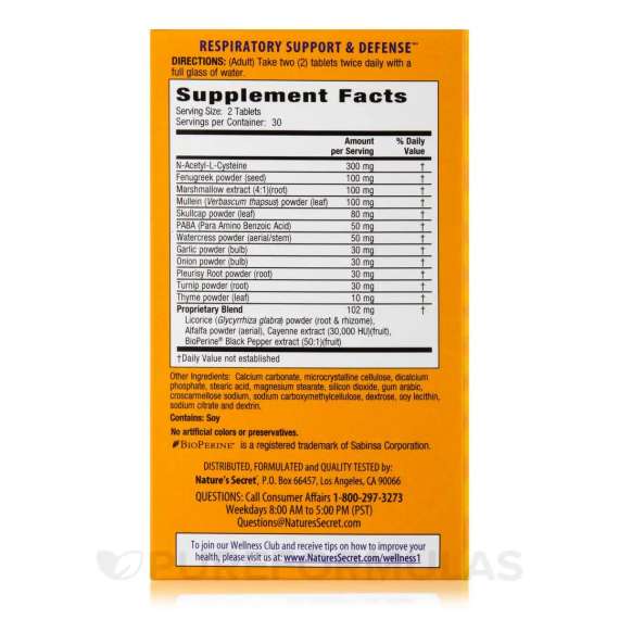 Buy Nature's Secret Respiratory Support and Defense 60 Tablets Supplement in [storefront]