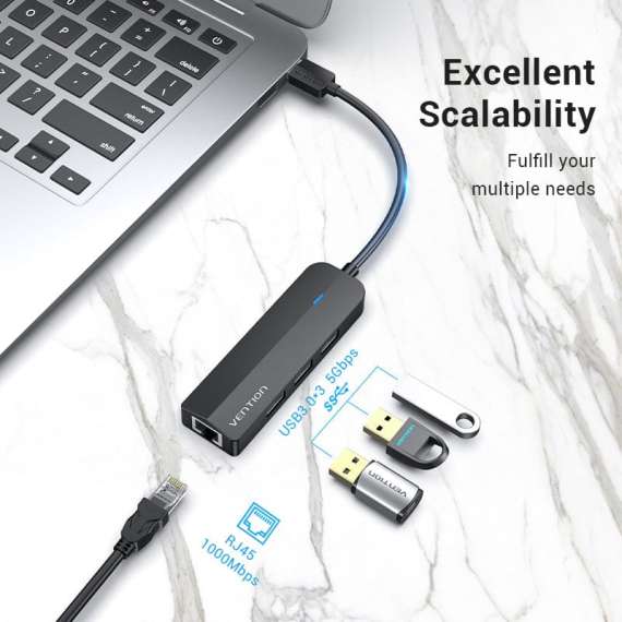 Buy Vention 3 Port USB 3.0 Hub with Gigabit Ethernet Adapter in [storefront]