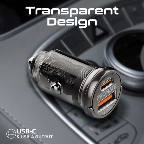 Buy Promate Transparent Quick Charging Dual Port Mini Car charger in [storefront]