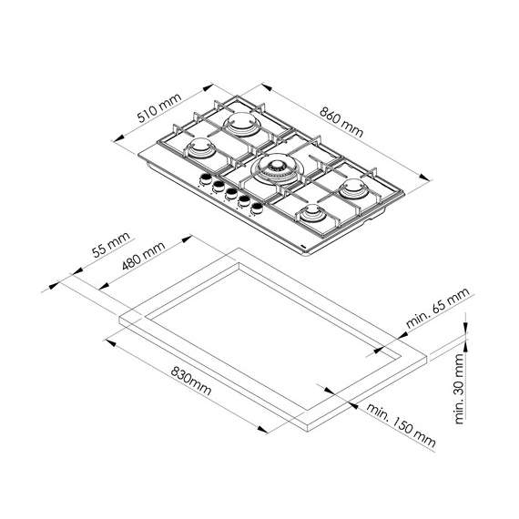 Buy MIKA Built-In 90cm 5 Gas with 2 WOK BRASS SABAF Burner Gas Hob in [storefront]