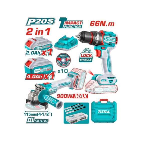 Buy Total TCKLI20273 Cordless 2 pcs combo kit- Cordless Angle Grinder and Compact Brushless Cordless Impact Drill in [storefront]