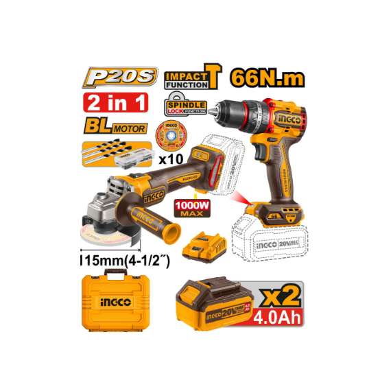 Buy Ingco CKLI20273 20V LI-ION Cordless 2PCS Combo Kit in [storefront]