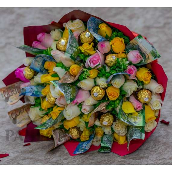 Buy Flowers, Ferrero Rocher Chocolates Money Bouquet with 10,000 Kenya Shillings Notes in [storefront]